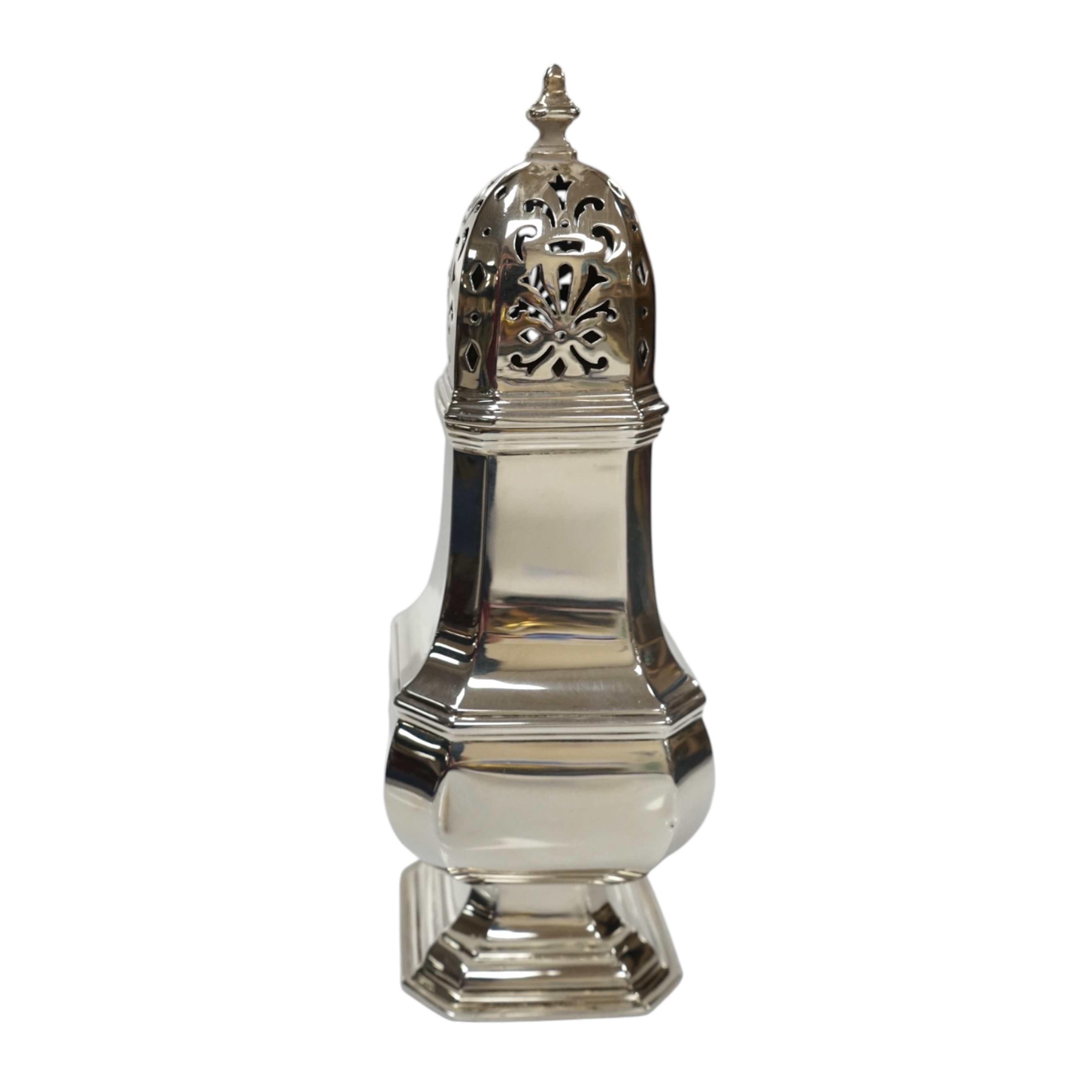 A George V silver octagonal baluster sugar castor, by Adie Bros, height 18.3cm, 5.3oz. Condition - poor